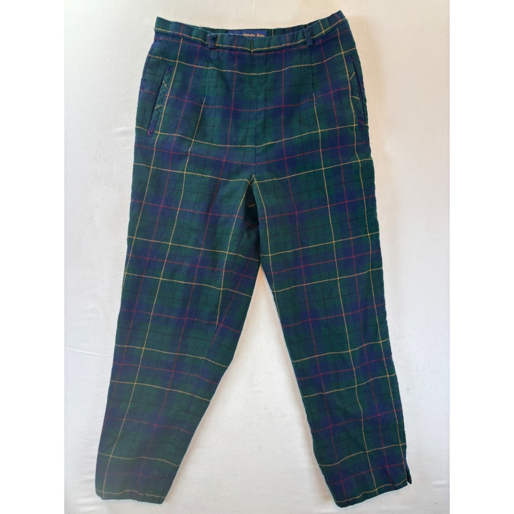 Pendleton Celebration Tartan Wool Plaid Trousers Green Blue Vintage High Rise